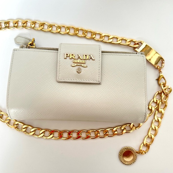 ๐ฏ PRADA Logo Off-White Saffiano Leather Bifold Wallet on Chain - Picture 1 of 13